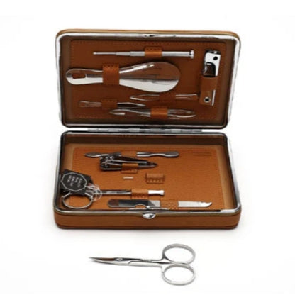 Tan Leather Manicure Set with Case open, showing components