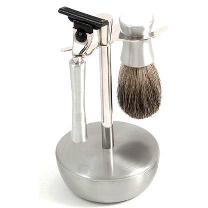 Stainless & Chrome Shaving Kit with Stand with all components stored