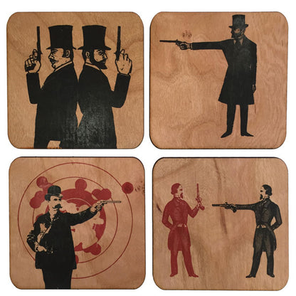 Dueling Pistols Coaster Box Set Display of Four Coasters Close Up