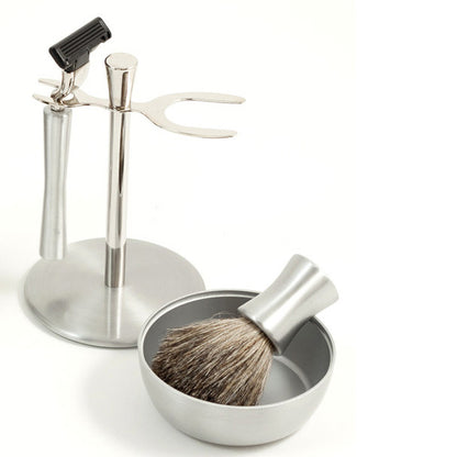 Stainless & Chrome Shaving Kit with Stand view with soap dish and brush