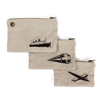 Henley Linen Gear Bags View of Three showing ship, train, and plane graphics